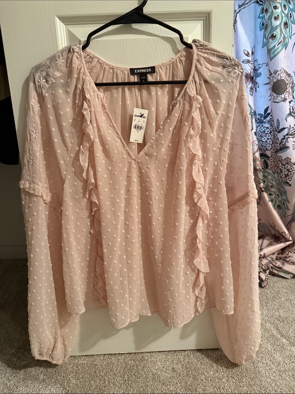 Express Blush Pink Swiss Dot Ruffle V-Neck Top